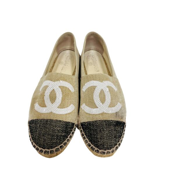CHANEL Beige Black CC Toile Canvas Sequin Espadrilles Flats Size 37 US 7 - Picture 4 of 9